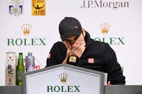 Roger Federer Suiza Asiste Una Conferencia Prensa Después Haber Sido — Foto de Stock