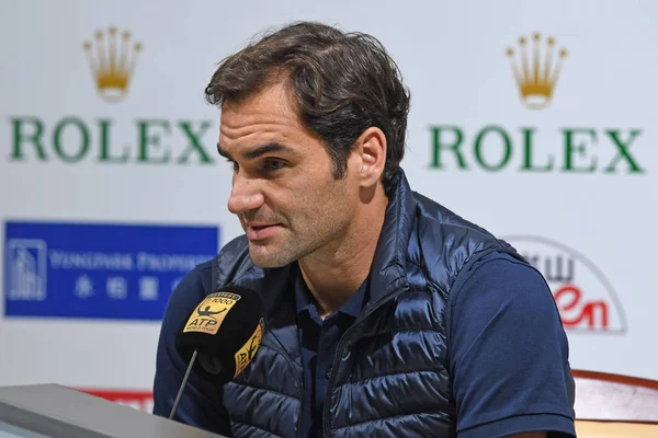 Tenista Suíço Roger Federer Participa Uma Coletiva Imprensa Para Torneio — Fotografia de Stock