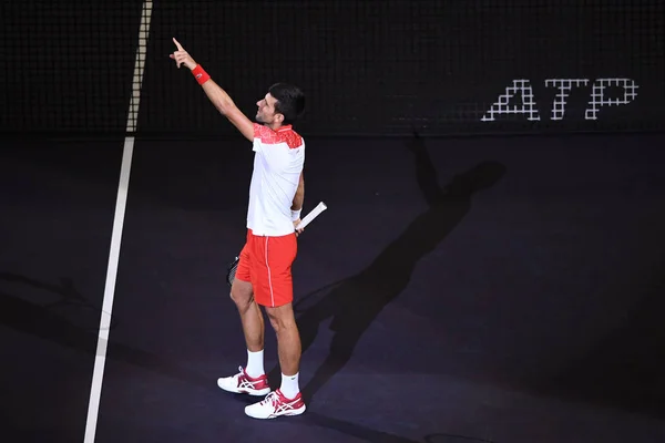 Novak Djokovic Serbia Celebra Después Derrotar Borna Coric Croacia Partido — Foto de Stock