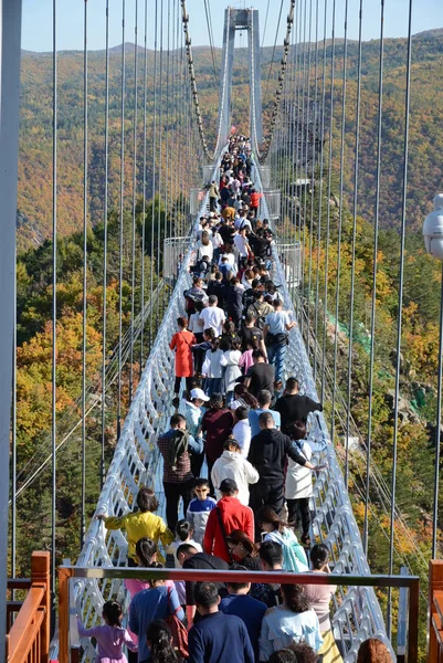 Turystów Odważny Most Szkła Dołu Dolinę Longjing City Yanbian Prefektura — Zdjęcie stockowe