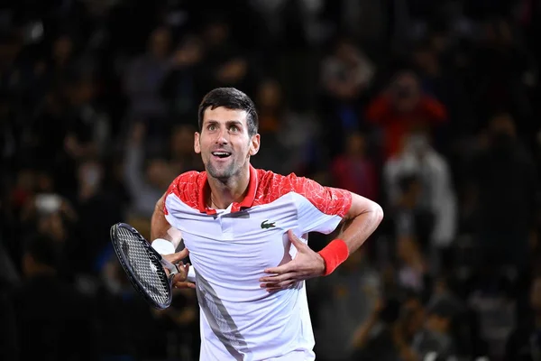 Novak Djokovic Serbii Obchodzi Pokonaniu Borna Coric Chorwacji Ich Mężczyzn — Zdjęcie stockowe