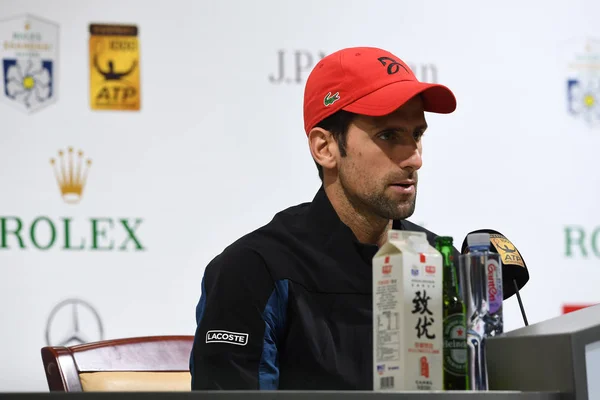 Tennista Serba Novak Djokovic Partecipa Una Conferenza Stampa Durante Torneo — Foto Stock