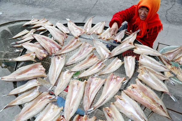 Una Mujer Local Seca Pescado Cosechado Para Hacer Filetes Pescado —  Fotos de Stock