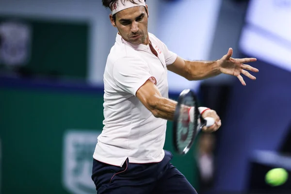 Roger Federer Switzerland Returns Shot Roberto Bautista Agut Spain Third — Stock Photo, Image