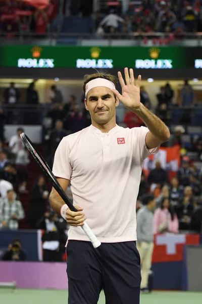 Roger Federer Suíça Comemora Depois Derrotar Daniil Medvedev Rússia Sua — Fotografia de Stock
