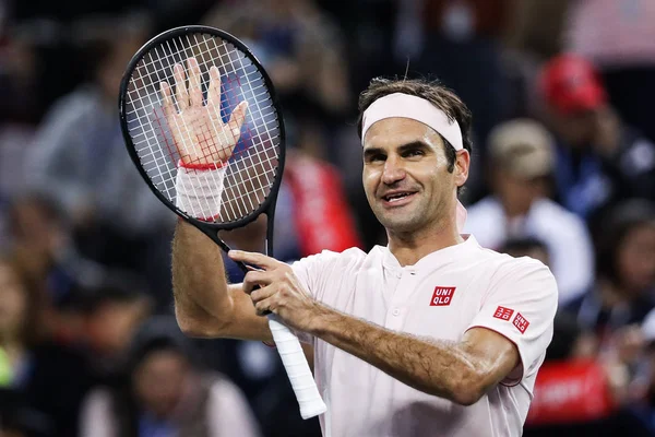 Roger Federer Suiza Celebra Después Derrotar Daniil Medvedev Rusia Partido — Foto de Stock