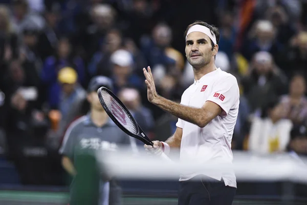 Roger Federer Suíça Comemora Depois Derrotar Kei Nishikori Japão Sua — Fotografia de Stock