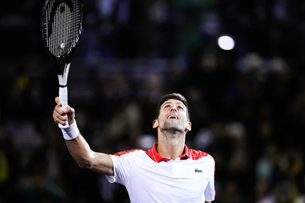 Novak Djokovic Serbia Celebra Después Derrotar Borna Coric Croacia Partido — Foto de Stock