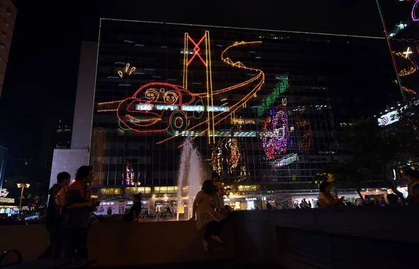 Buildings Decorated Colorful Lights Featuring Different Patterns Upcoming Christmas Festival — Stock Photo, Image