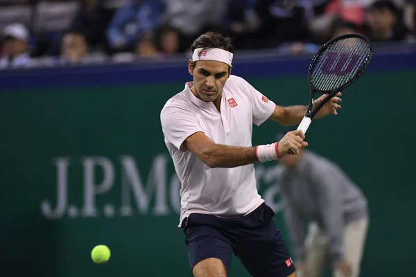 Roger Federer Van Zwitserland Geeft Als Resultaat Een Schot Tegen — Stockfoto