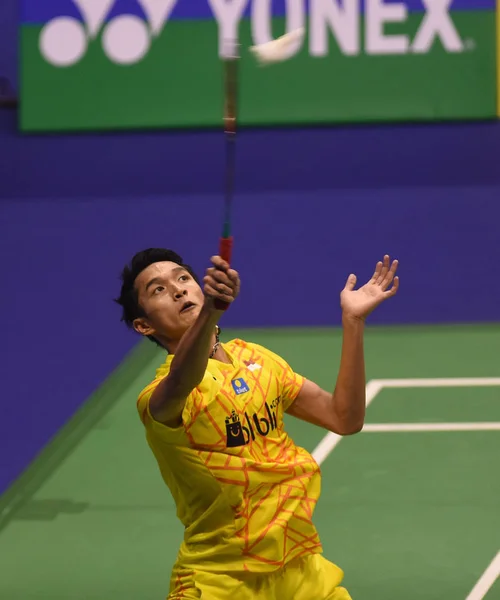 Jonatan Christie Endonezya Nın Bir Atış Için Kento Momota Japonya — Stok fotoğraf