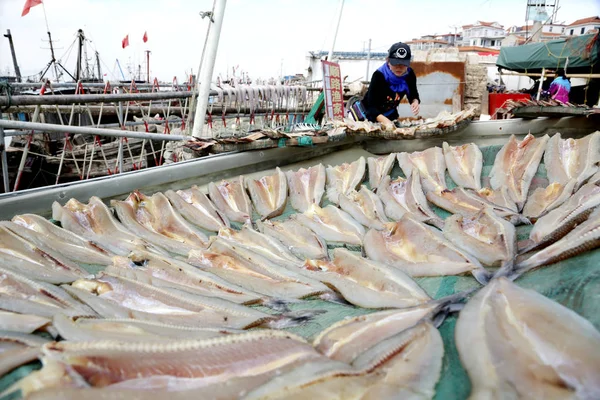 Una Mujer Local Seca Pescado Cosechado Para Hacer Filetes Pescado — Foto de Stock