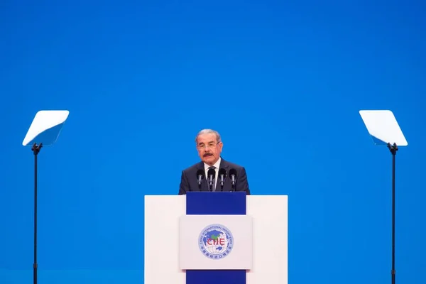 Danilo Medina President Van Dominicaanse Republiek Spreekt Tijdens Openingsceremonie Voor — Stockfoto