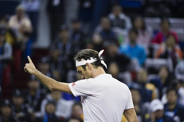 Roger Federer Švýcarska Reaguje Bodování Proti Kei Nišikori Japonska Jejich — Stock fotografie
