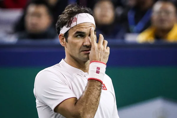 Roger Federer Schweiz Reagerar Som Han Tävlar Mot Borna Coric — Stockfoto