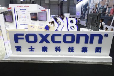View of the stand of Foxconn during an exhibition in Shanghai, China, 26 July 2018 clipart
