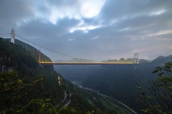 Paisagem Ponte Aizhai Uma Ponte Suspensa Baotou Maoming Expressway Noite — Fotografia de Stock