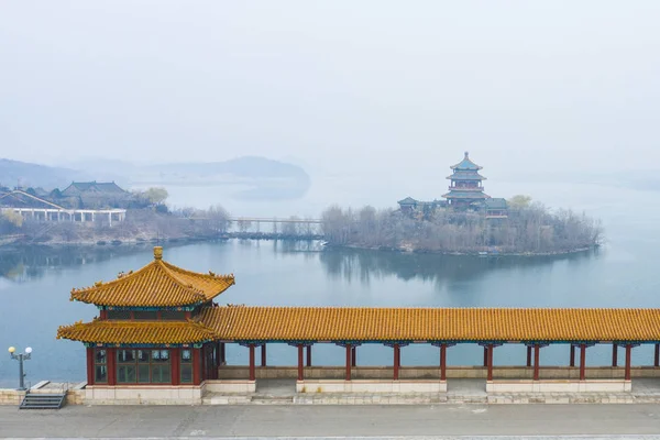 Aerial View Ming Tombs Reservoir Shisanling Reservoir Heavy Smog Changping — Stock Photo, Image