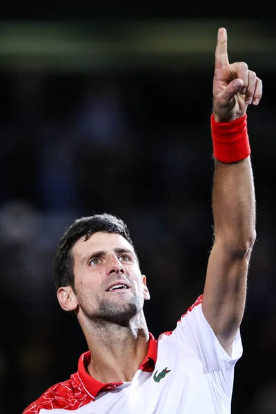 Novak Djokovic Serbia Gestures Greet Spectators Defeating Borna Coric Croatia — 스톡 사진