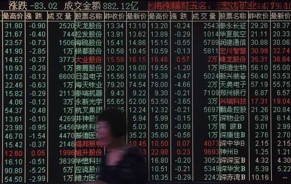 2018 日中国東部の浙江省杭州市の証券会社の家で 赤の価格上昇 と価格下落のため緑の株式の価格を表示する画面歩く関係中国投資家 — ストック写真