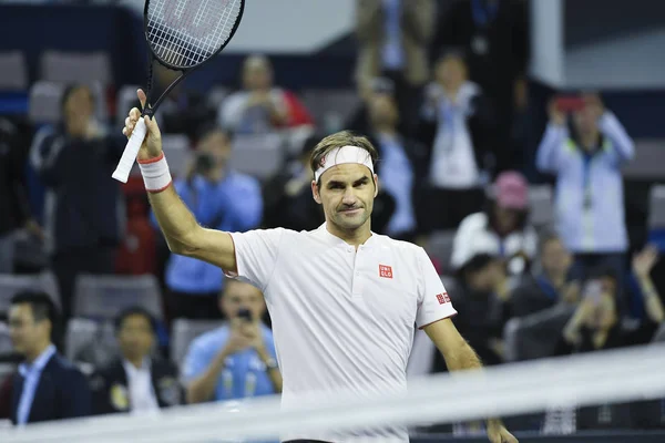 Roger Federer Switzerland Celebrates Scoring Roberto Bautista Agut Spain Third — Stock Photo, Image