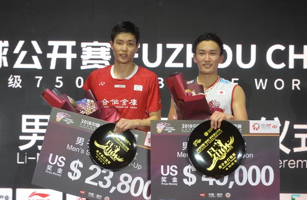 Ganador Kento Momota Japón Derecha Primer Subcampeón Chou Tien Chen — Foto de Stock