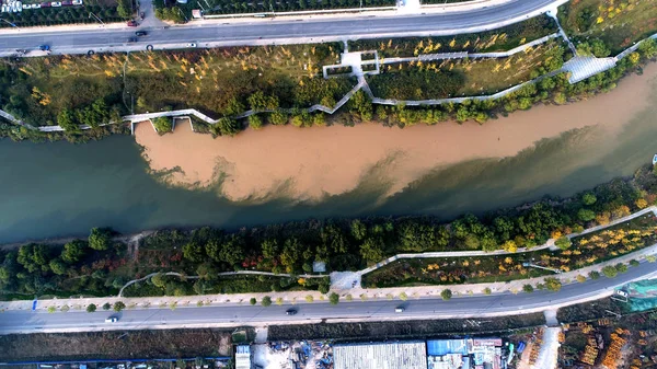 Aerial View Sandy Water Flowed Out Sewage Outfall Meeting Clean — Stock Photo, Image