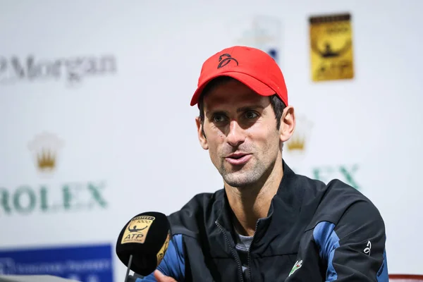 Novak Djokovic Serbia Asiste Una Conferencia Prensa Después Derrotar Kevin — Foto de Stock