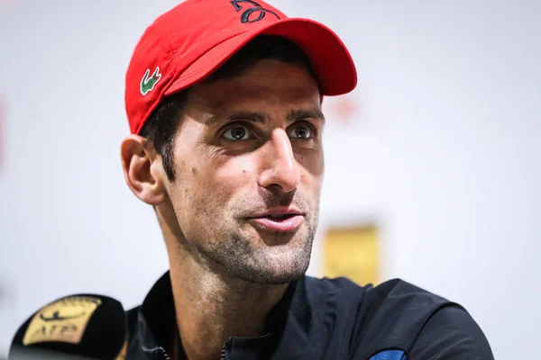 Novak Djokovic Estrella Del Tenis Serbio Asiste Una Conferencia Prensa —  Fotos de Stock