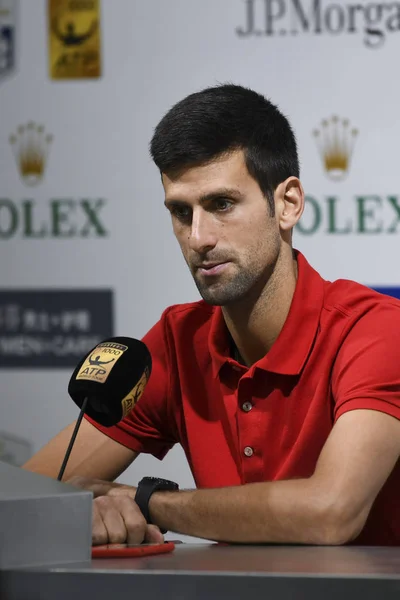 Novak Djokovic Serbie Assiste Une Conférence Presse Après Avoir Battu — Photo