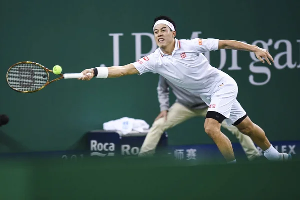 Kei Nishikori Japon Retourne Tir Roger Federer Suisse Dans Leur — Photo