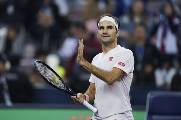 Roger Federer Switzerland Celebrates Defeating Kei Nishikori Japan Quarterfinal Match — Stock Photo, Image