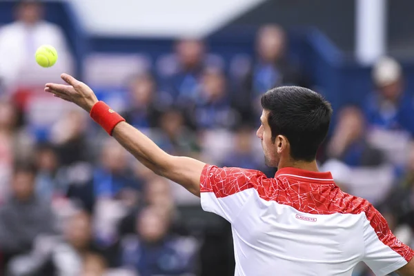 Novak Djokovic Sérvia Serve Contra Borna Coric Croácia Partida Final — Fotografia de Stock