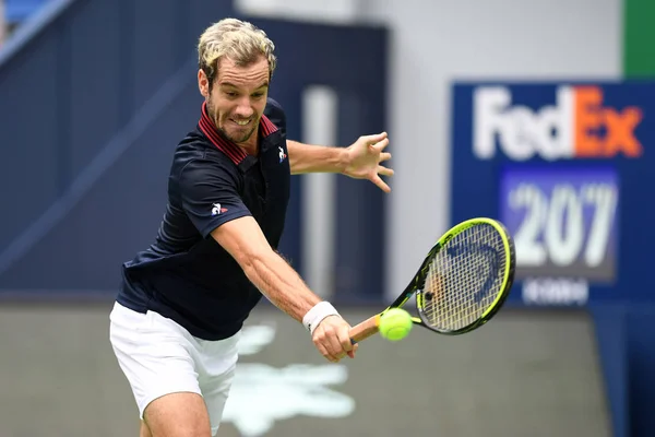 Richard Gasquet Francja Zwraca Strzał Leonardo Mayer Argentyny Ich Pierwszym — Zdjęcie stockowe