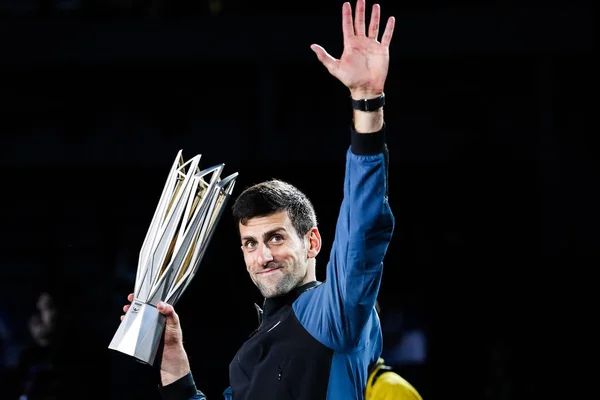 Novak Djokovic Serbia Holding His Champion Trophy Waves Spectators Defeating — Stok fotoğraf
