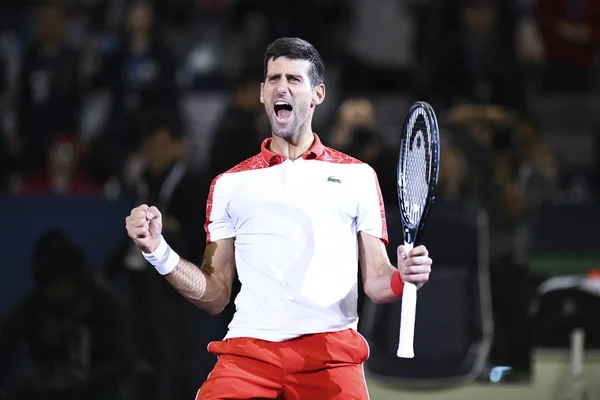 Novak Djokovic Serbii Reaguje Okazji Pokonaniu Borna Coric Chorwacji Ich — Zdjęcie stockowe