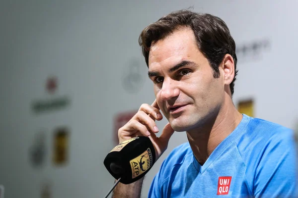 Estrela Suíça Tênis Roger Federer Participa Uma Conferência Imprensa Para — Fotografia de Stock