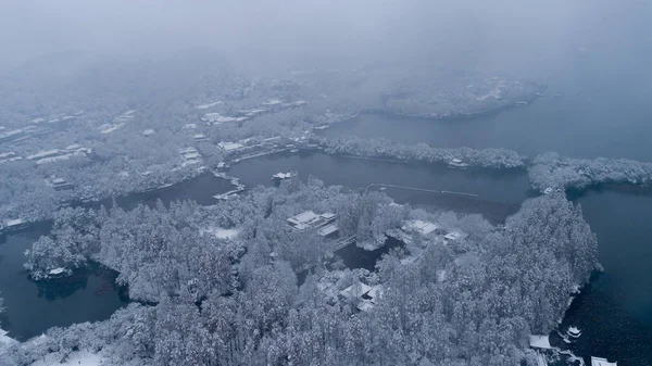 Luchtfoto Van Gong Yang Causeway West Lake Unieke Plek Sneeuw — Stockfoto