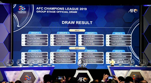 画面表示 2019 Afc チャンピオンズ リーグのグループ ステージの組み合わせ抽選の結果 マレーシア クアラルンプールで 2018 — ストック写真