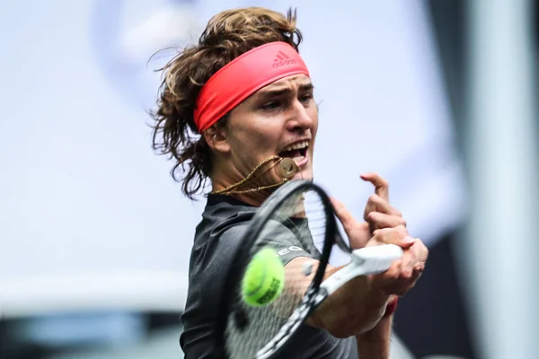 Alexander Zverev Germany Returns Shot Nikoloz Basilashvili Georgia Second Match — Stock Photo, Image