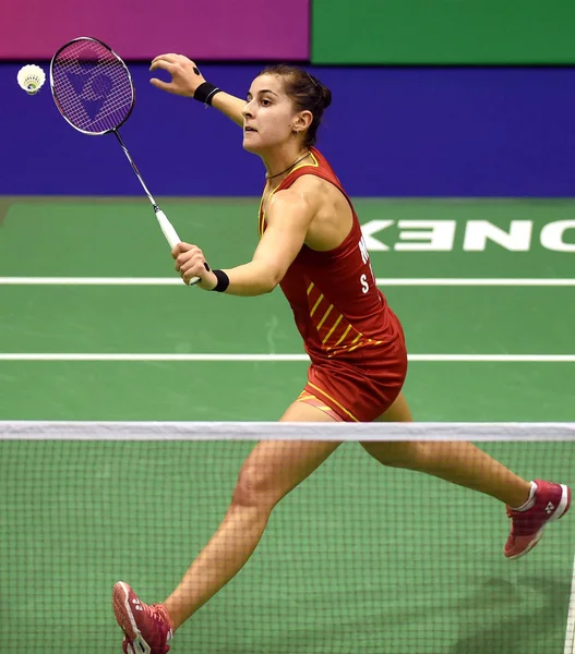 Carolina Marin Hiszpania Zwraca Strzał Michelle Kanada Drugim Meczu Rundy — Zdjęcie stockowe