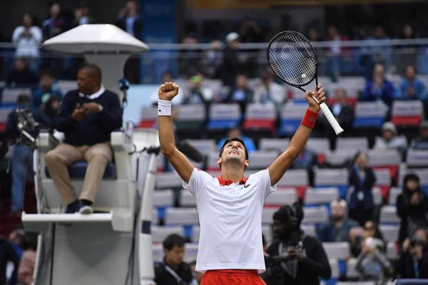 Novak Djokovic Serbie Célèbre Après Avoir Vaincu Kevin Anderson Afrique — Photo