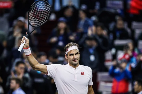 Роджер Федерер Швейцария Празднует Победу Над Роберто Баутистой Агутом Испания — стоковое фото
