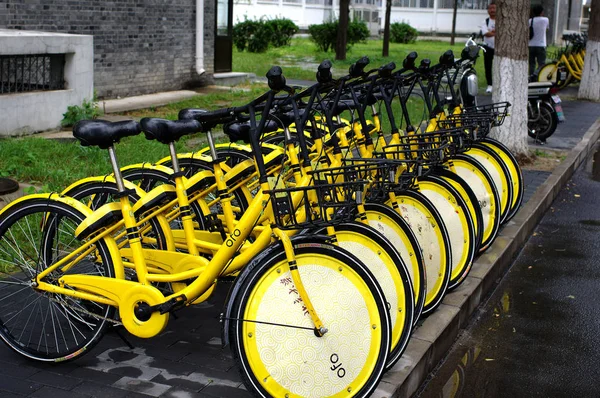 Fietsen Van Chinese Fiets Sharing Dienst Ofo Staan Opgesteld Universiteit — Stockfoto