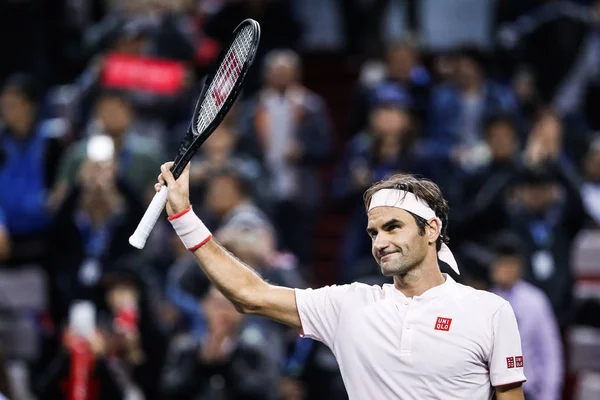 Roger Federer Switzerland Celebrates Defeating Roberto Bautista Agut Spain Third — Stock Photo, Image