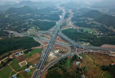 Aerial view of the Jiangjiawan system interchange on the Mianyang-Xichong highway to open to traffic in Chengdu city, southwest China's Sichuan province, 25 December 2018 clipart
