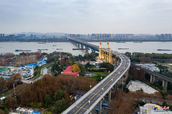 Mostě Řeky Nanjing Yangtze Testuje Pouliční Světla Nanjing City Východní — Stock fotografie