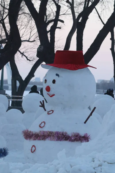 Een Ingerichte Sneeuwpop Afgebeeld Naast Songhua River Harbin City Noordoost — Stockfoto