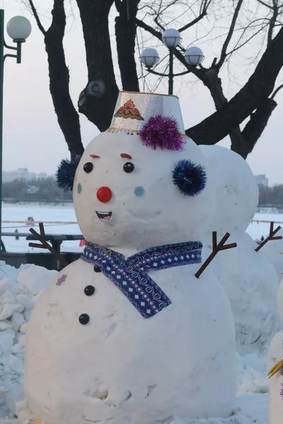 Een Ingerichte Sneeuwpop Afgebeeld Naast Songhua River Harbin City Noordoost — Stockfoto