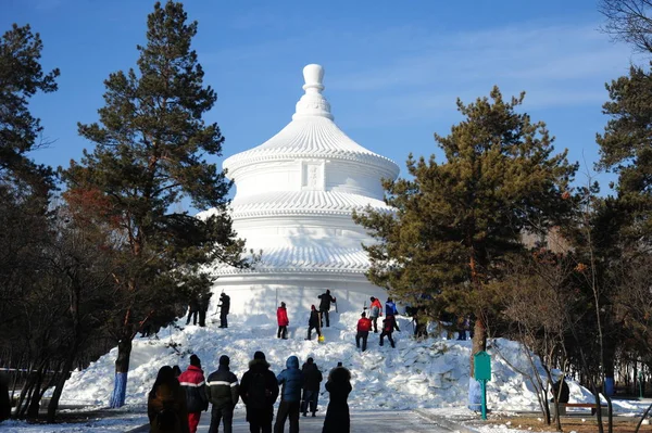 Chinese Arbeiders Beeldhouwen Een Gigantische Sneeuw Klare Replica Van Hall — Stockfoto